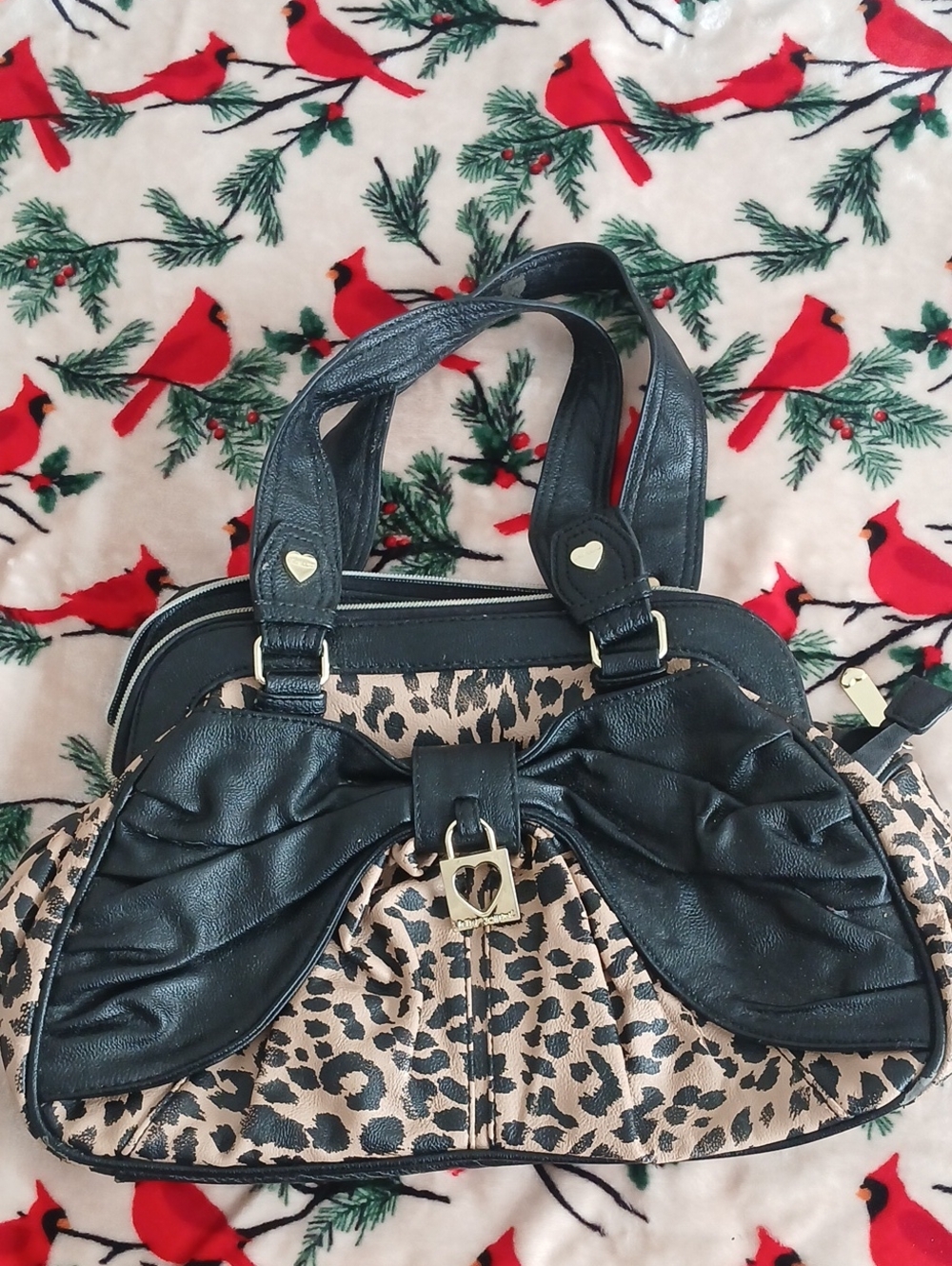 Betsey Johnson Black and Leopard Bow Satchel